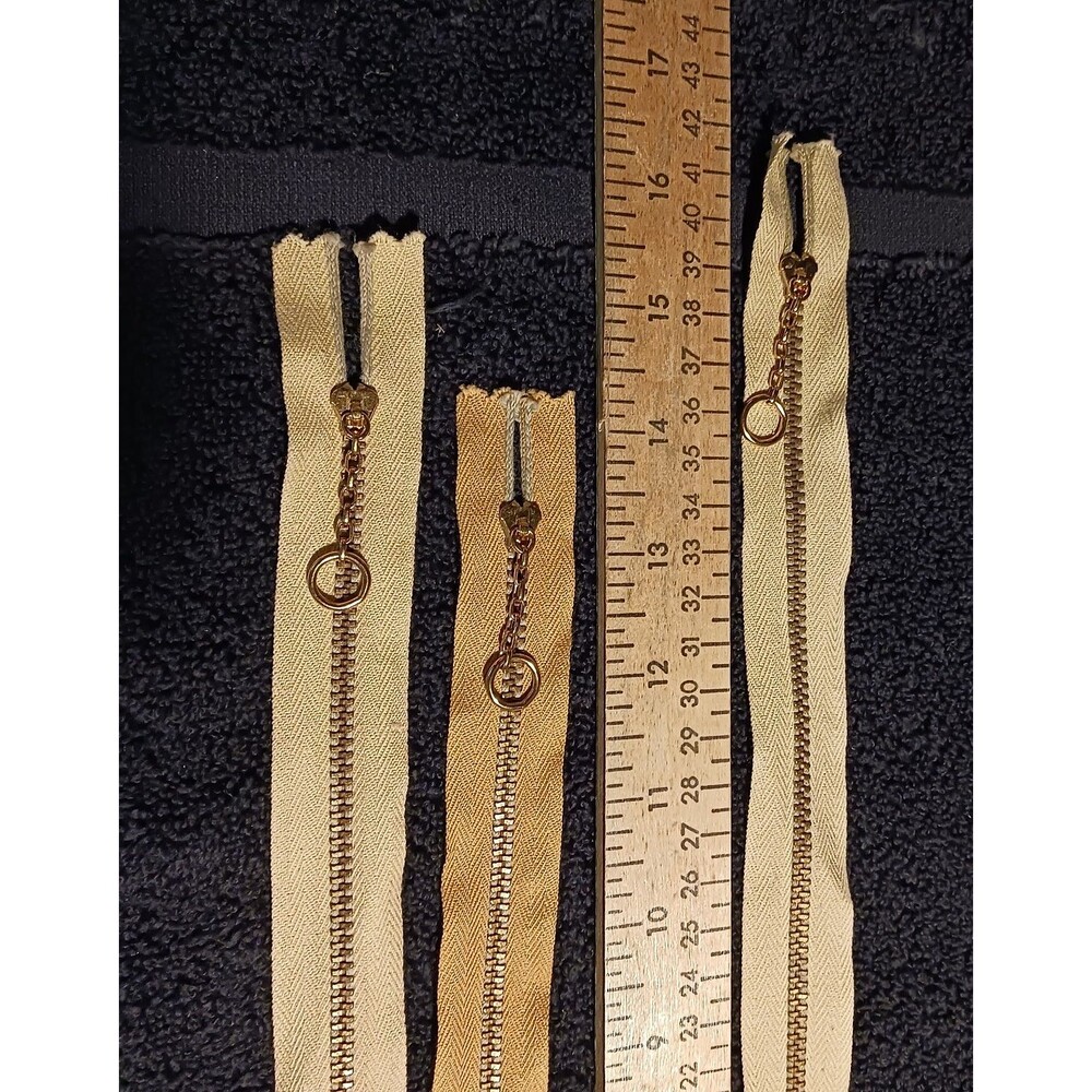 3 Taylon Vintage Zippers closed bottom with Unusual Small Pull Ring Tan and Gold